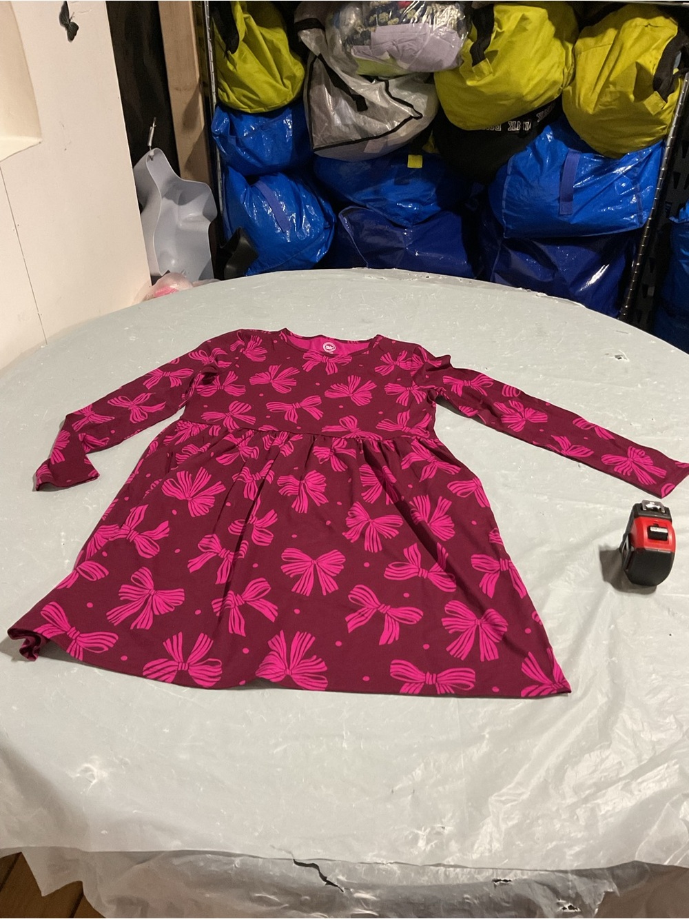 Kids Long Sleeve Bow Print Dress - Pink on Burgundy